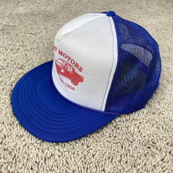 Vtg Midway Motors Snapback Hat Mesh Foam Trucker Blue White Corvette Logo Cap - Picture 3 of 10